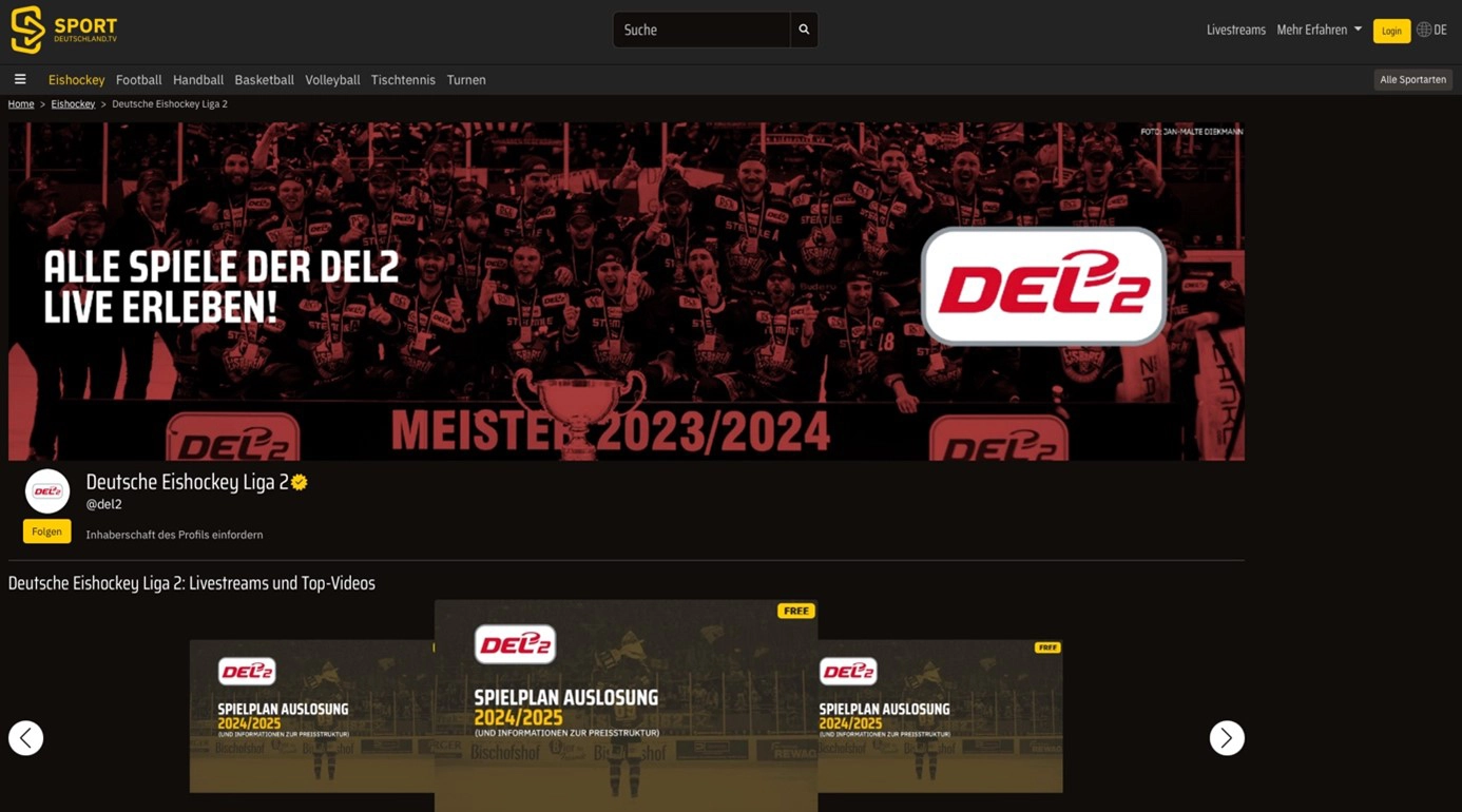 Sport-Streaming-Plattform mit schwarzem Hintergrund und rotem Banner: Text ‚Alle Spiele der DEL2 live erleben!‘ sowie Logo der DEL2.